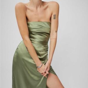 Reformation Strapless Satin Dress in Olive